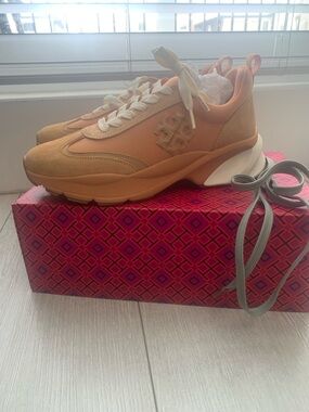 Tory Burch Peach/Camel Platform Lace-Up Sneakers